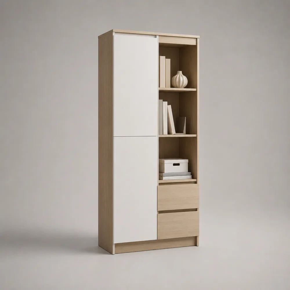 Libreria rettangolare in pannelli melaminici con 2 ante, 3 vani e 2 cassetti, bianca e rovere chiaro, 80 x 35 x 190 cm