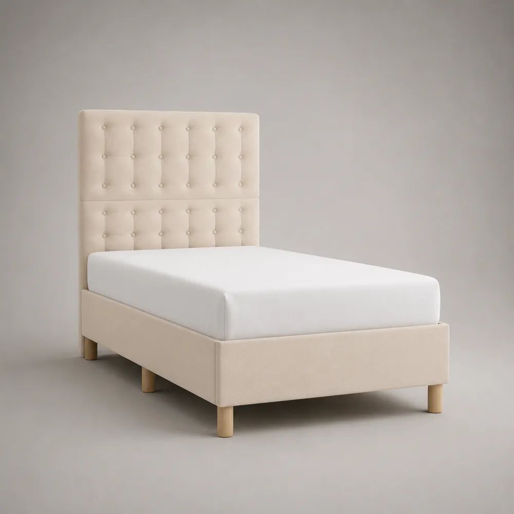 Letto singolo imbottito beige 90 x 200 cm con testiera capitonné in tessuto e gambe in legno