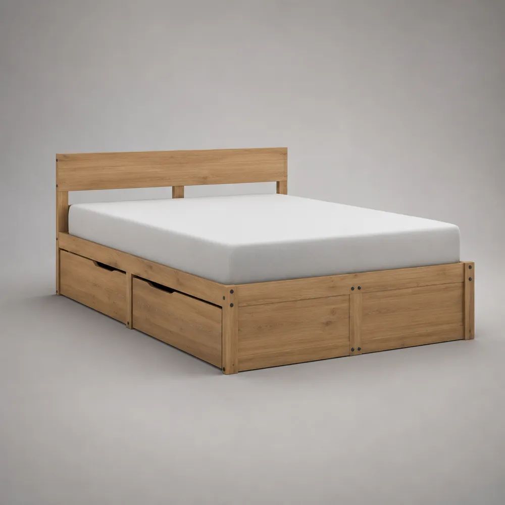 Letto matrimoniale in legno marrone naturale con 2 cassetti, per materasso 160 x 200 cm, dimensioni 209 x 167 x 95 cm
