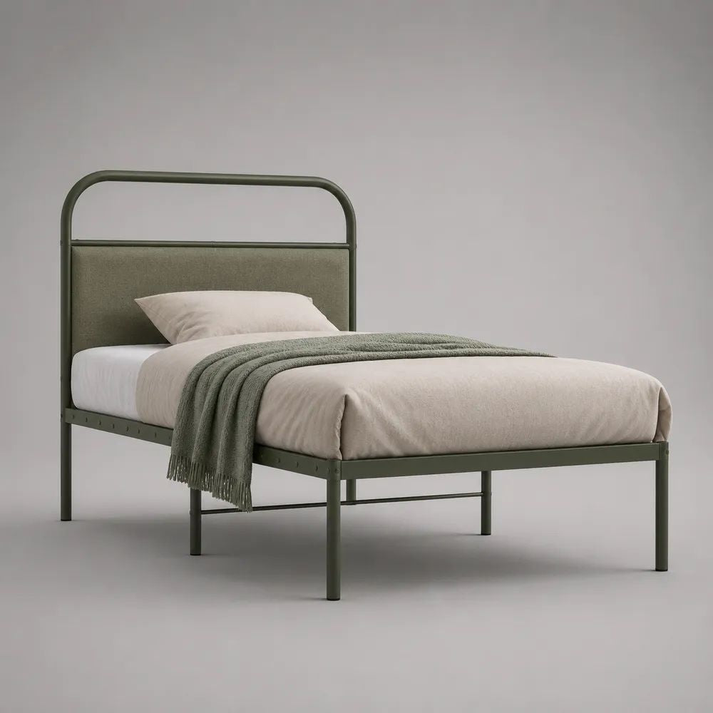 Letto singolo 90 x 200 cm verde oliva con struttura in acciaio e testiera imbottita in tessuto