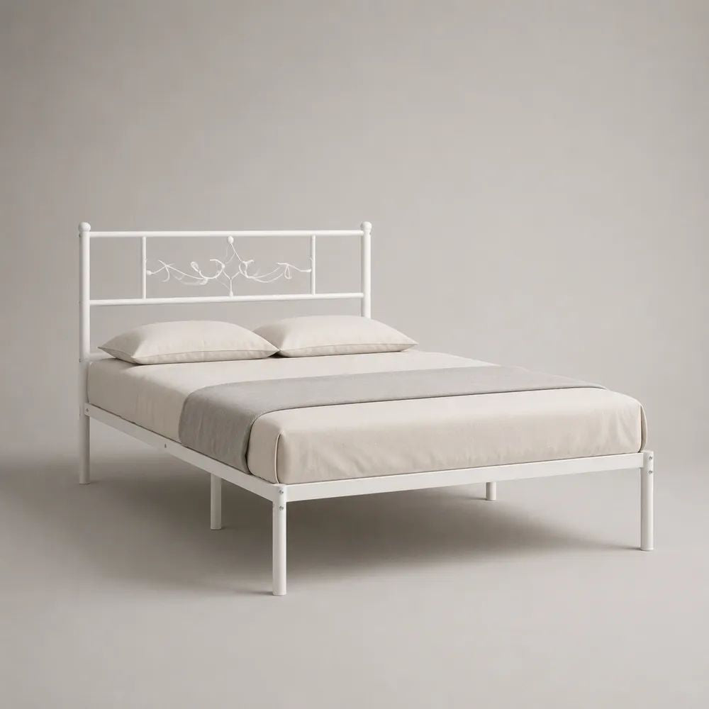 Letto matrimoniale in acciaio bianco 160 x 200 cm con testiera decorativa e rete a doghe