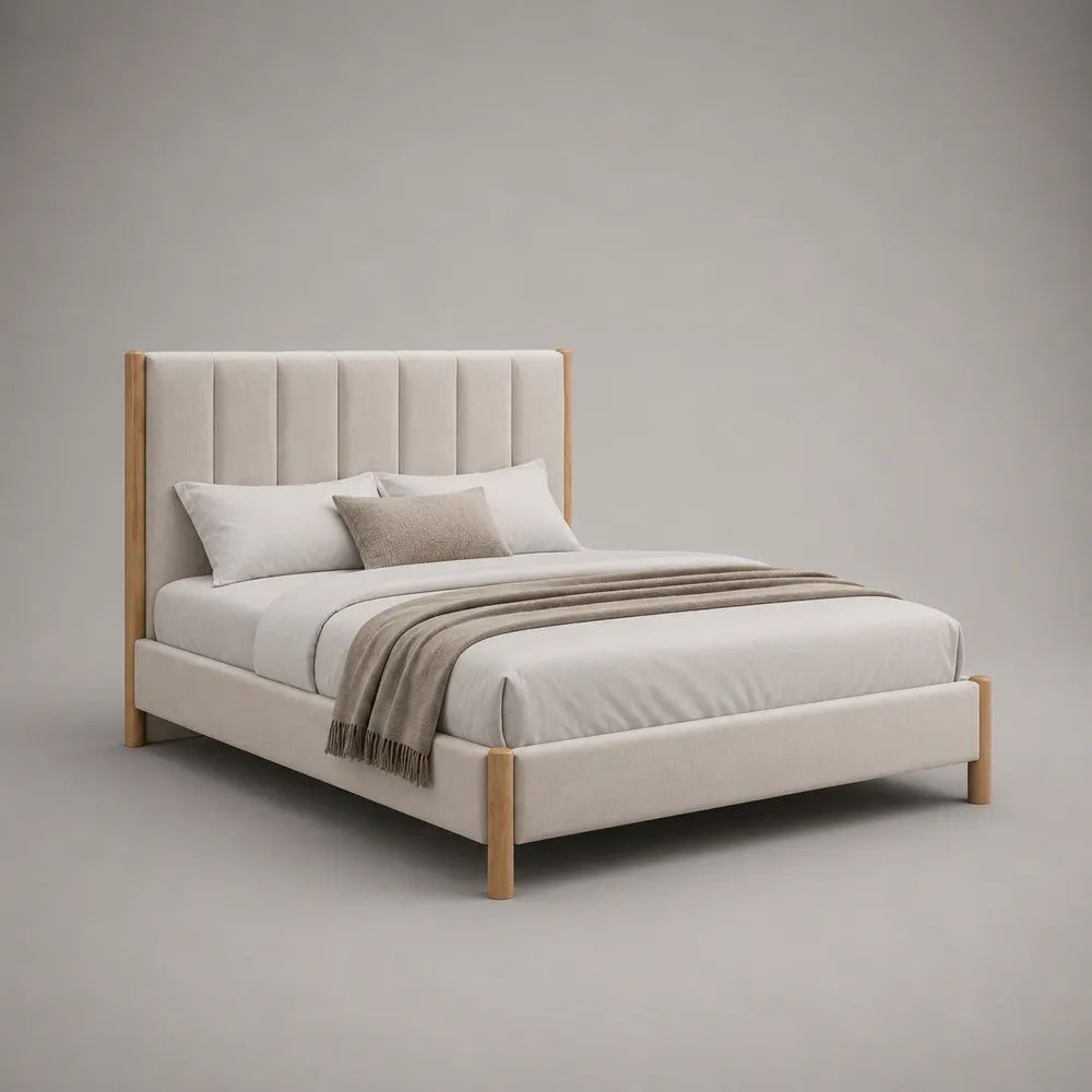 Letto matrimoniale imbottito beige 170 x 213 x 120 cm per materasso 160 x 200 cm, con testiera a pannelli e struttura in legno massello