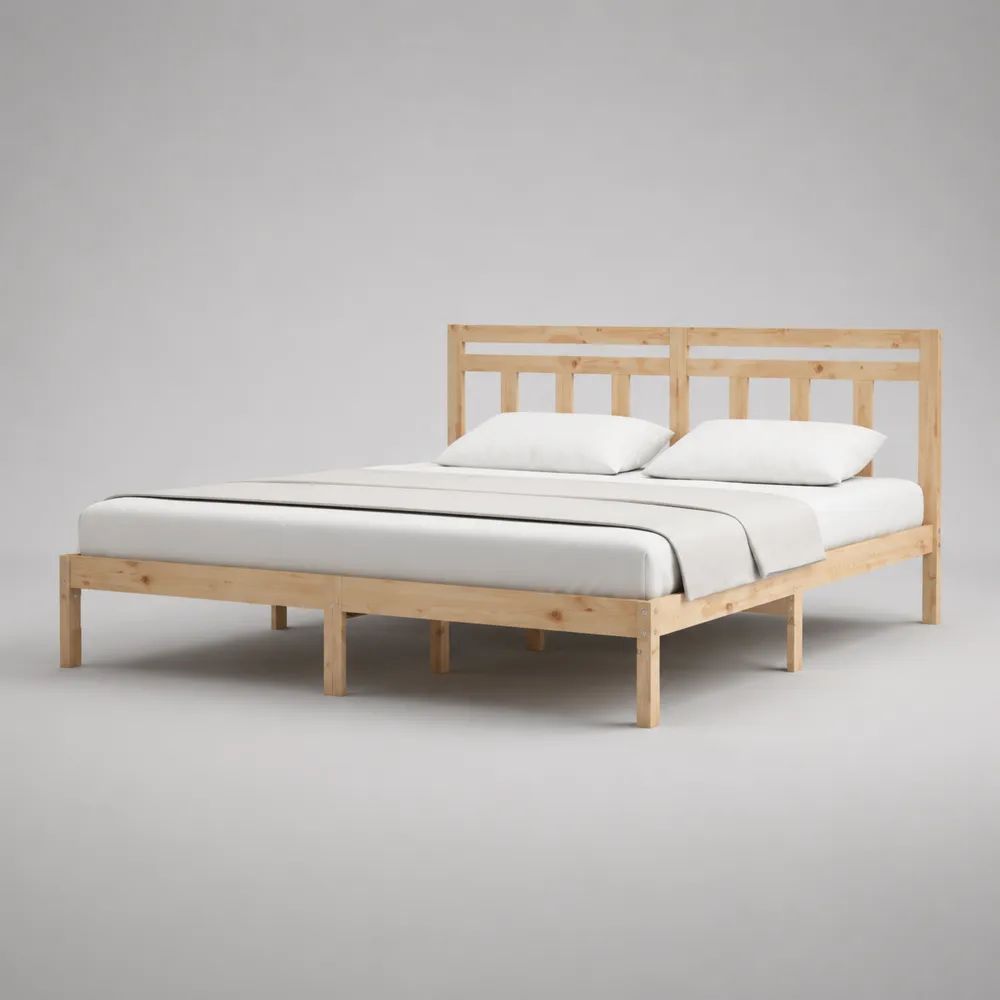 Letto matrimoniale 160 × 200 cm in legno massello color pino naturale con testiera e rete a doghe