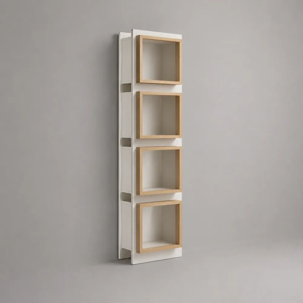 Libreria verticale da parete in legno con 4 vani, bianca e rovere naturale, 40 x 25 x 160 cm