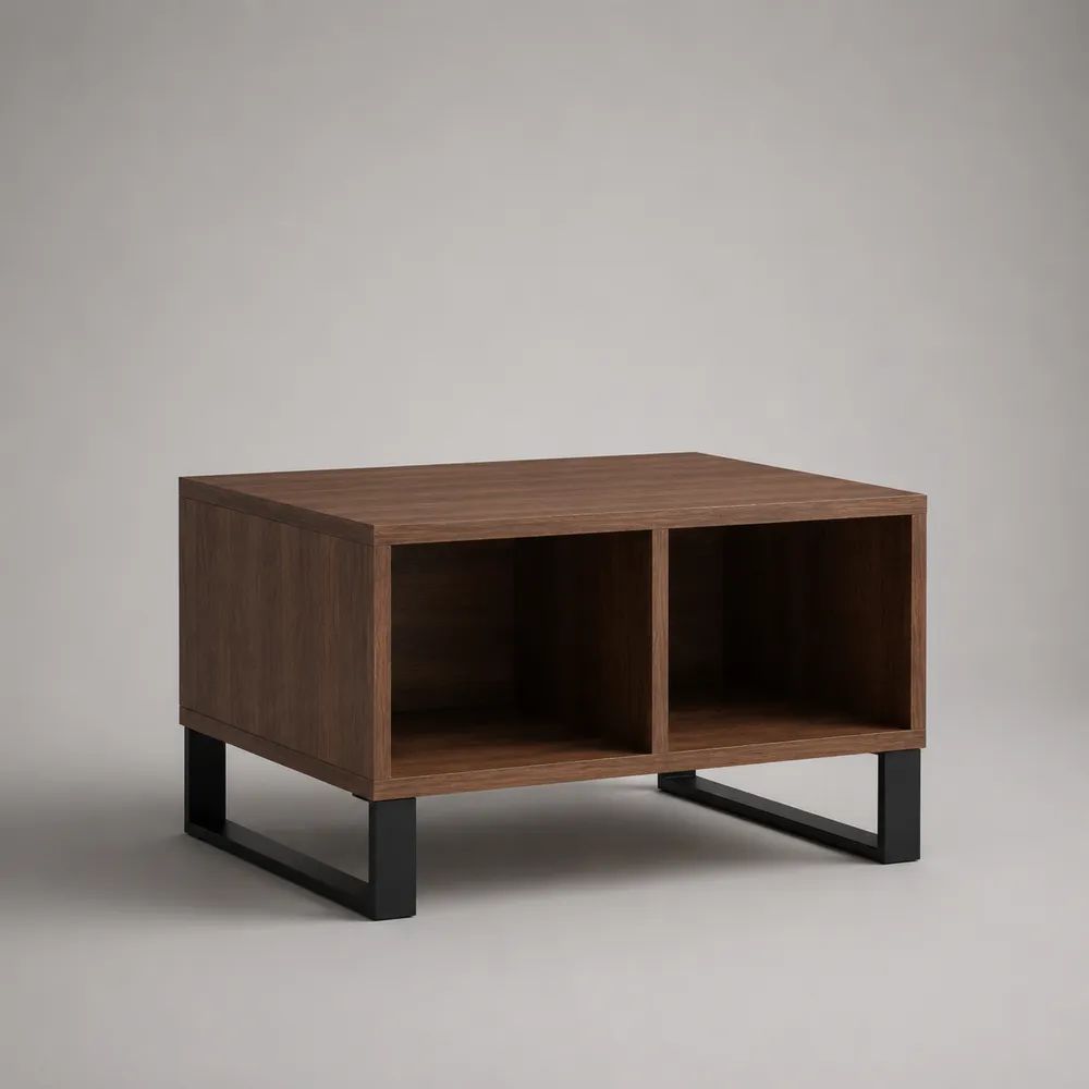 Tavolino da salotto quadrato con 2 vani aperti, marrone noce e nero, 70 x 70 x 45 cm, in MDF impiallacciato e acciaio
