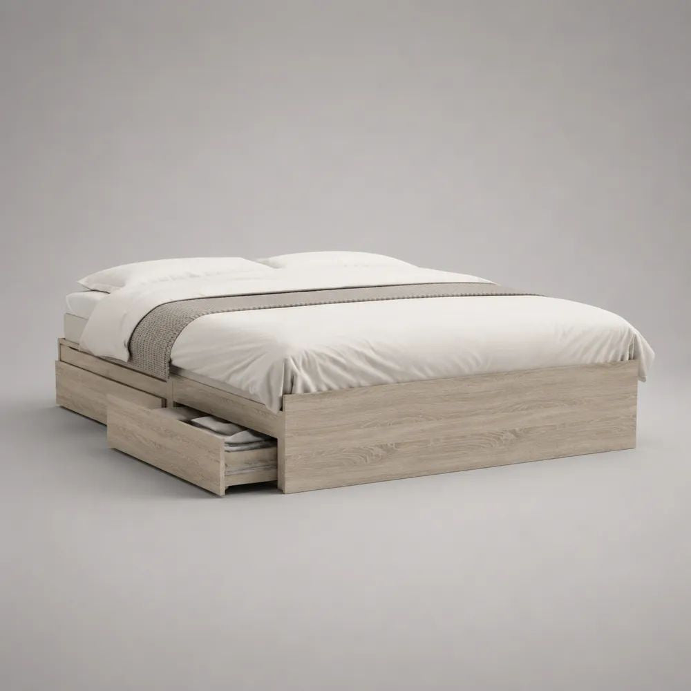 Letto matrimoniale con 2 cassetti in pannello truciolare melaminico, rovere chiaro, 206 x 166 x 45 cm, per materasso 160 x 200 cm