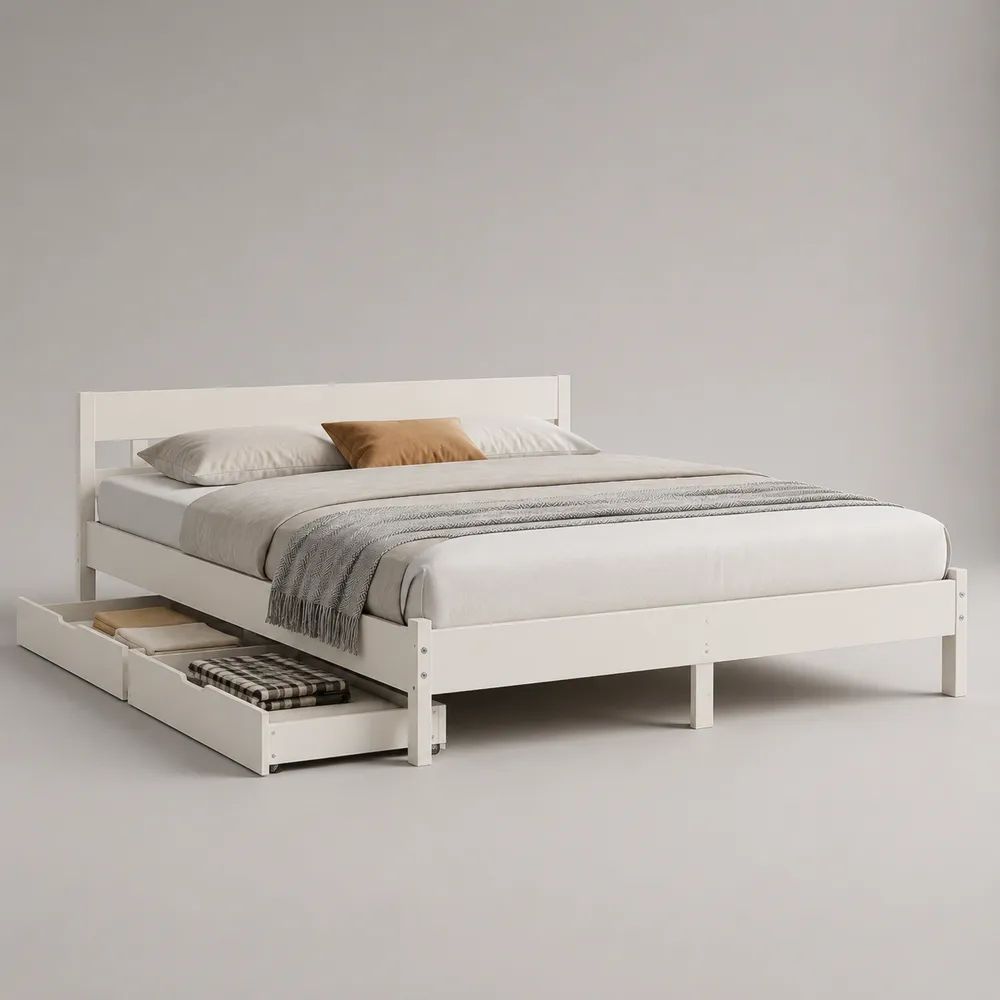 Letto matrimoniale 160 x 200 cm in pino massello bianco con 2 cassetti