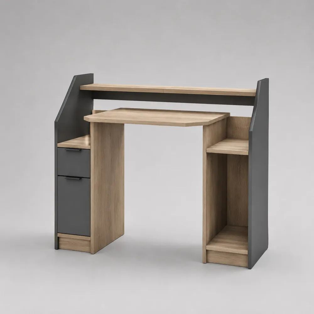 Scrivania per computer rettangolare in truciolare melaminico con rialzo, cassetto e vani portaoggetti, rovere chiaro e antracite, 120 × 60 × 140 cm