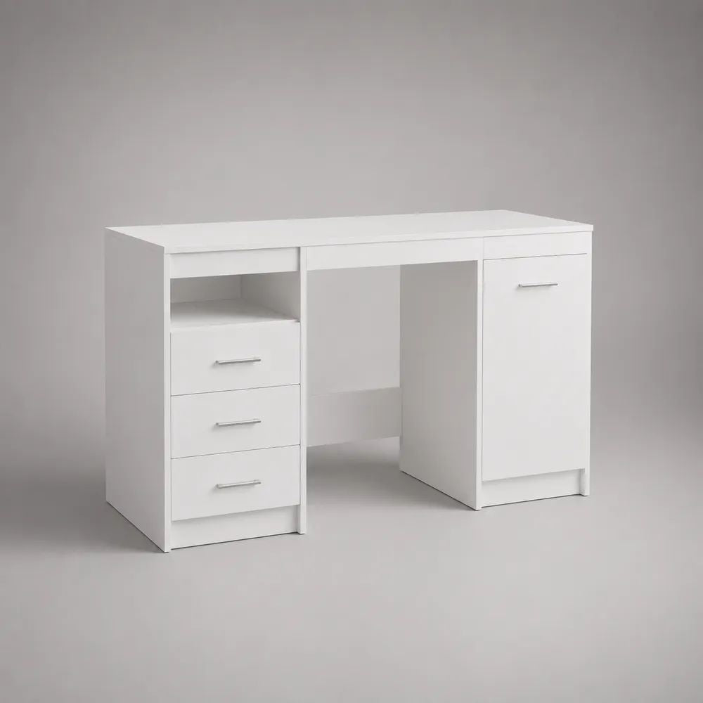 Scrivania rettangolare bianca in truciolare melaminico con 3 cassetti, vano aperto e armadietto, 120 x 50 x 75 cm