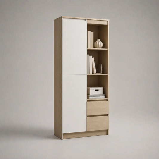 Libreria rettangolare in pannelli melaminici con 2 ante, 3 vani e 2 cassetti, bianca e rovere chiaro, 80 x 35 x 190 cm