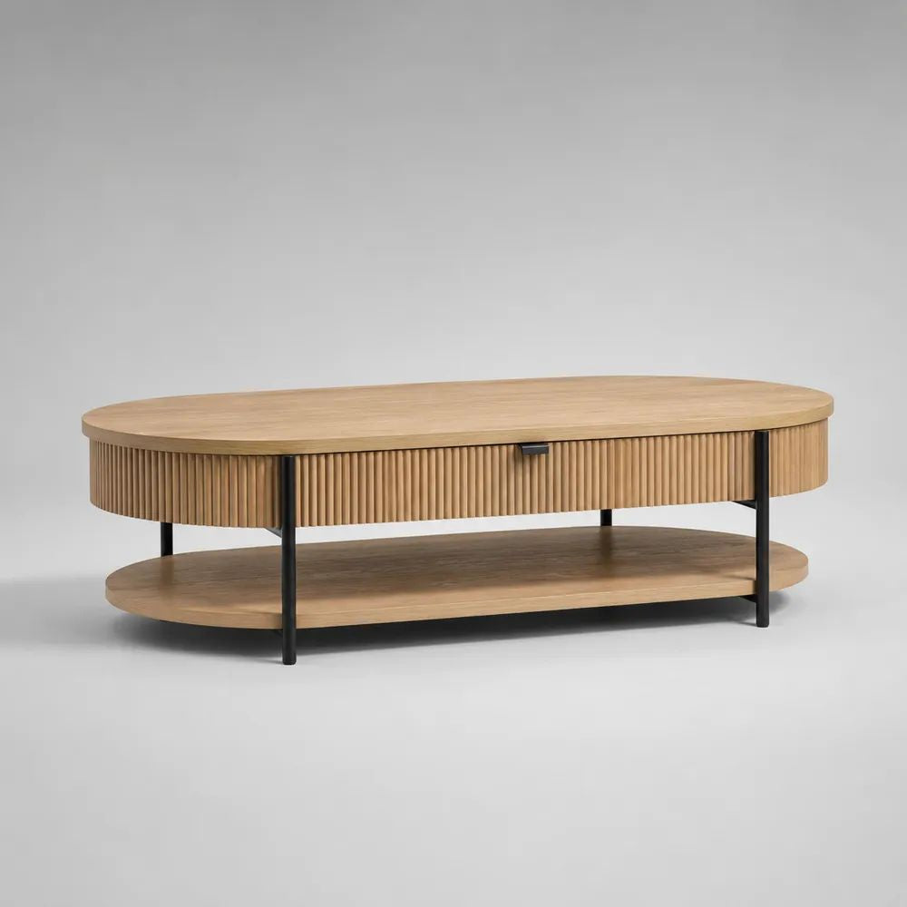 Tavolino ovale in legno e acciaio con cassetto e ripiano, rovere naturale e nero, 120 x 60 x 45 cm
