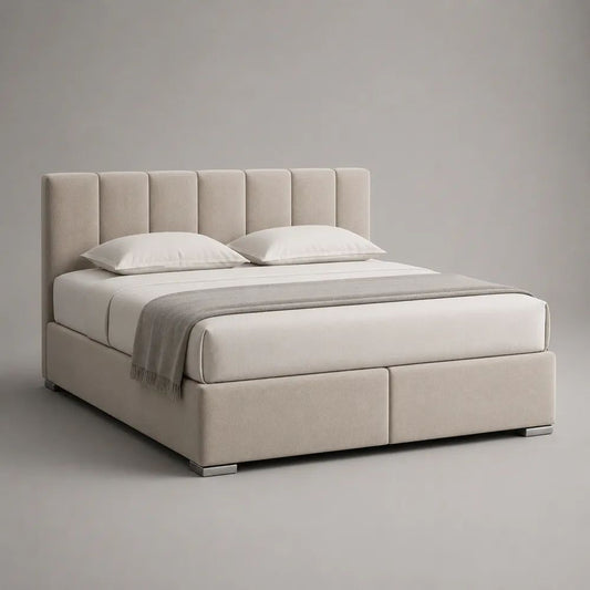 Letto matrimoniale imbottito beige con rete a doghe, rivestimento in tessuto, per materasso 160 x 200 cm, 218 x 172 x 120 cm