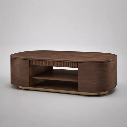 Tavolino da salotto ovale marrone noce e ottone con cassetto e ripiano in MDF impiallacciato, 120 x 60 x 42 cm