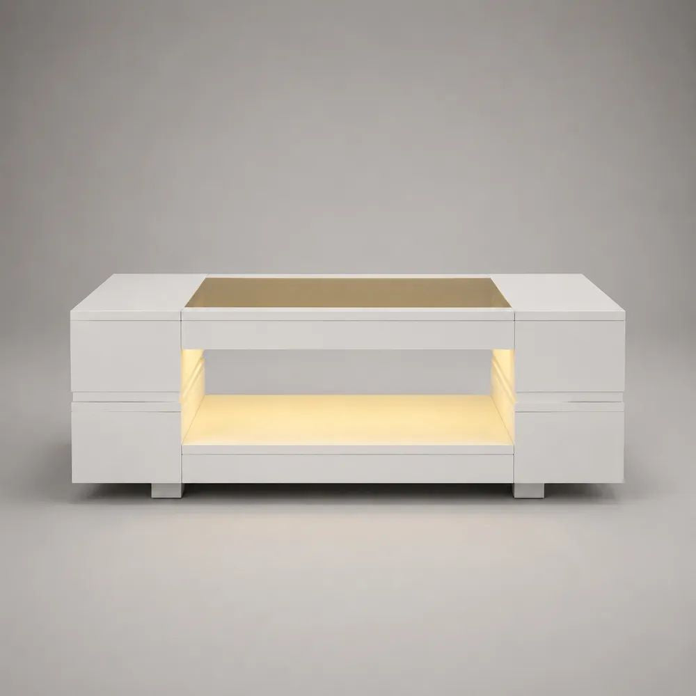Tavolino da salotto rettangolare bianco e bronzo con 4 cassetti, vano aperto, illuminazione LED e inserto in vetro, 120 x 60 x 45 cm