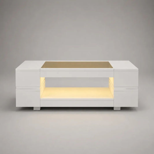 Tavolino da salotto rettangolare bianco e bronzo con 4 cassetti, vano aperto, illuminazione LED e inserto in vetro, 120 x 60 x 45 cm