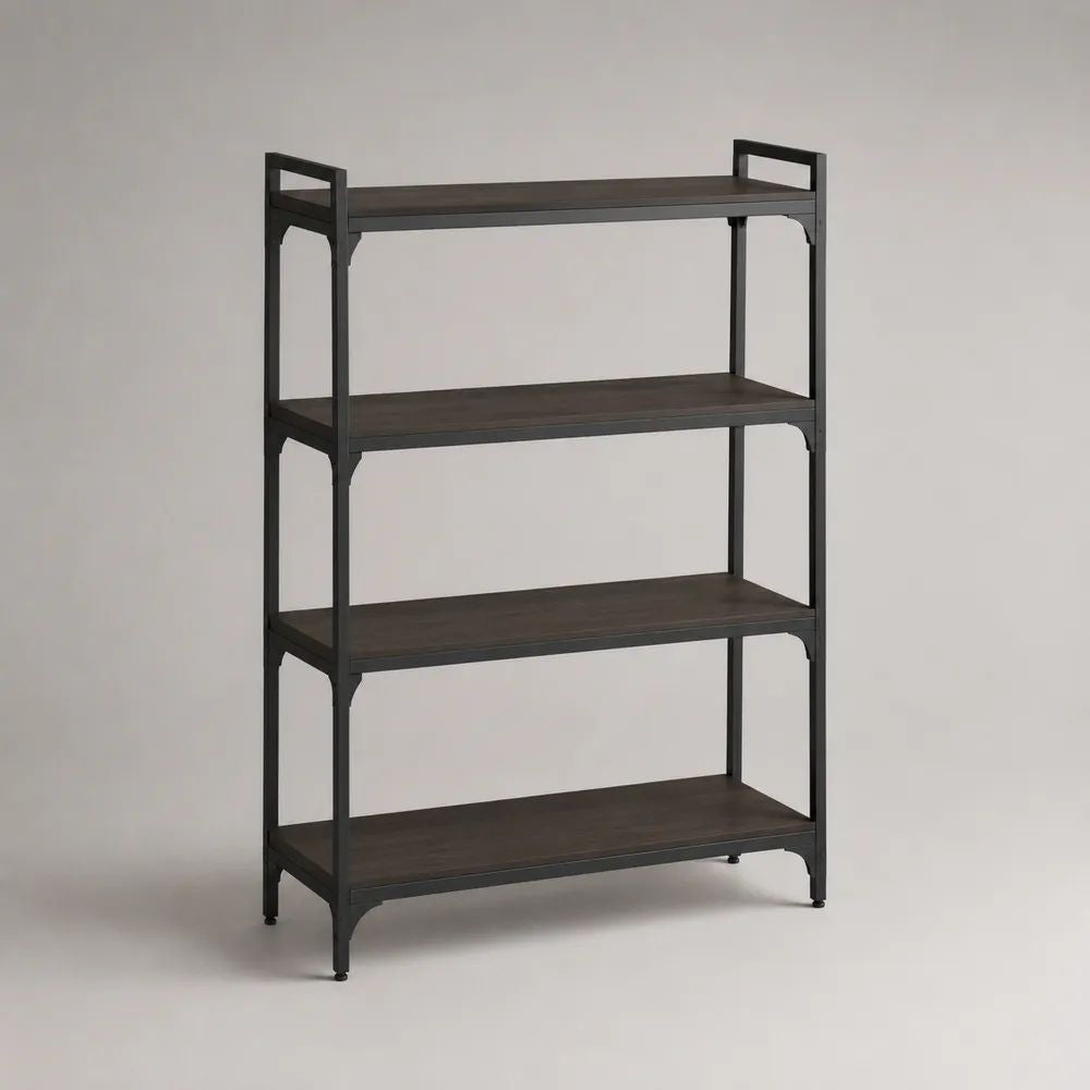 Libreria rettangolare a 4 ripiani in MDF e acciaio, marrone scuro e nero, 90 x 35 x 140 cm