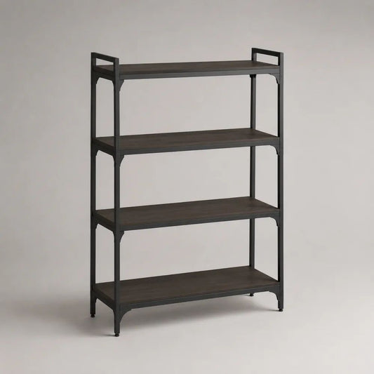 Libreria rettangolare a 4 ripiani in MDF e acciaio, marrone scuro e nero, 90 x 35 x 140 cm