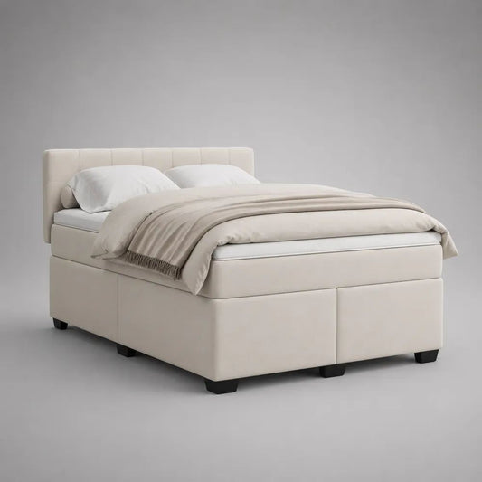 Letto matrimoniale boxspring beige in tessuto con materasso, topper e testiera imbottita, superficie 160 x 200 cm, dimensioni 170 x 210 x 110 cm
