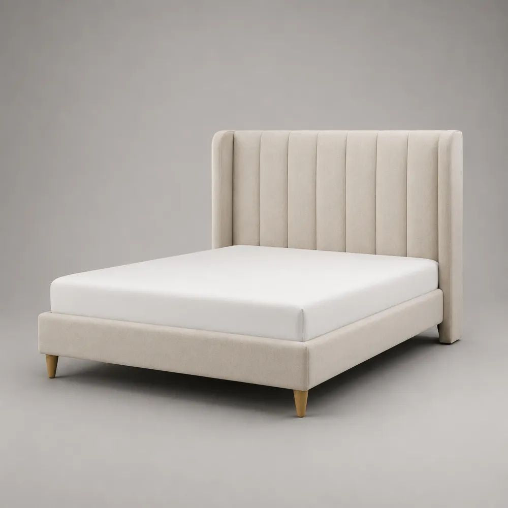 Letto matrimoniale imbottito beige in tessuto 160 x 200 cm con testiera alta e piedini in legno