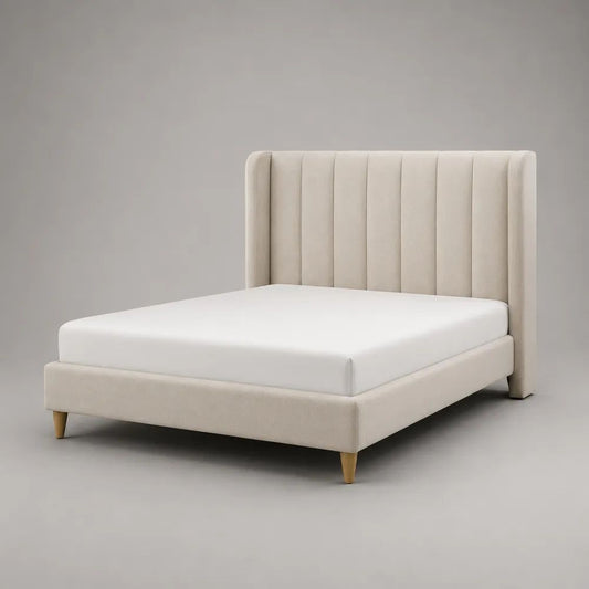 Letto matrimoniale imbottito beige in tessuto 160 x 200 cm con testiera alta e piedini in legno
