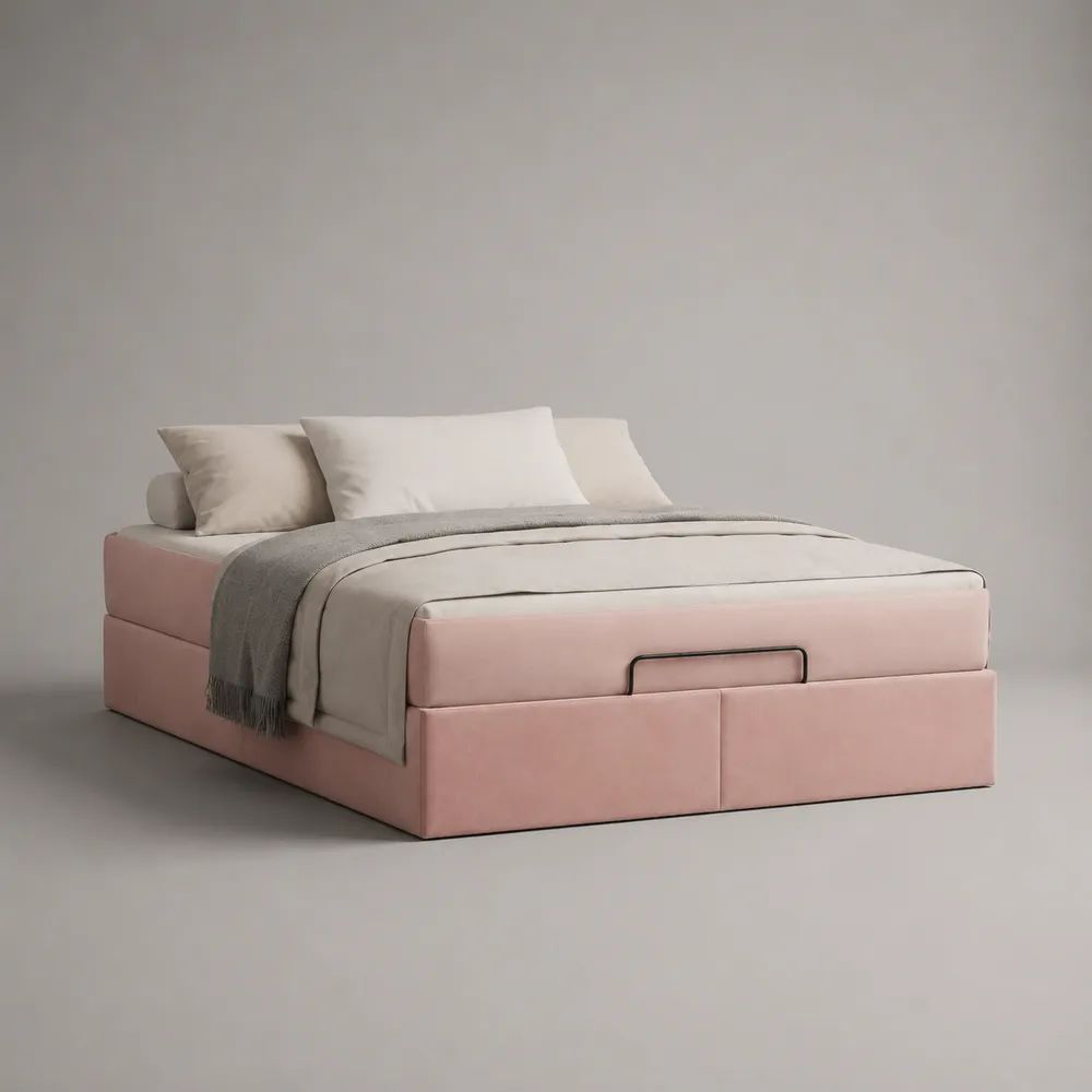 Letto matrimoniale contenitore rosa cipria in velluto con rete a doghe, 170 x 215 x 55 cm, per materasso 160 x 200 cm