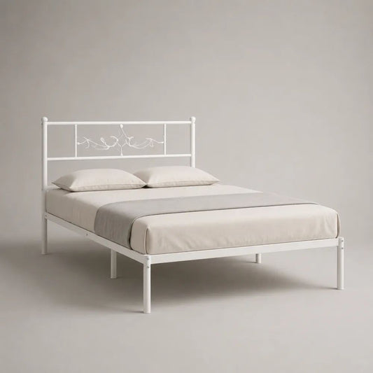 Letto matrimoniale in acciaio bianco 160 x 200 cm con testiera decorativa e rete a doghe