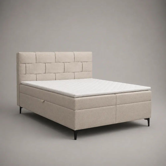 Letto matrimoniale imbottito 160 x 200 cm beige con contenitore, rete a doghe, materasso, topper e testiera geometrica