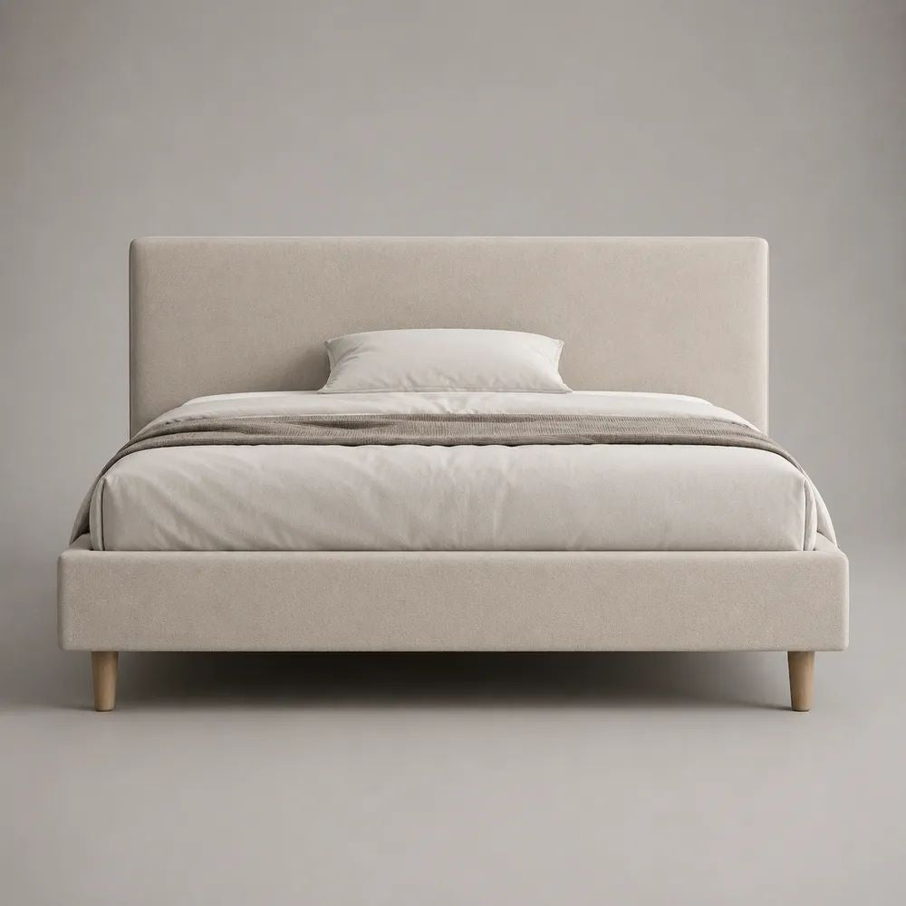 Letto matrimoniale imbottito beige chiaro 160 x 200 cm in poliestere con testiera e rete a doghe
