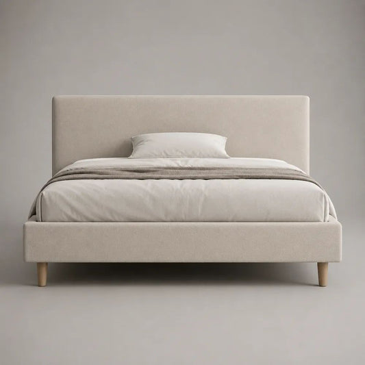 Letto matrimoniale imbottito beige chiaro 160 x 200 cm in poliestere con testiera e rete a doghe
