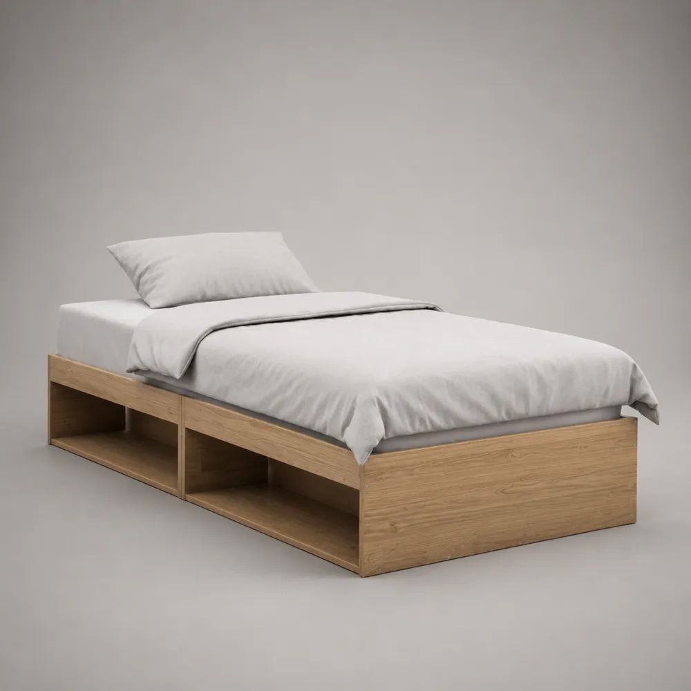Letto singolo in pannello truciolare melaminico rovere naturale con 3 vani laterali, per materasso 90 x 200 cm, dimensioni 205 x 96 x 45 cm