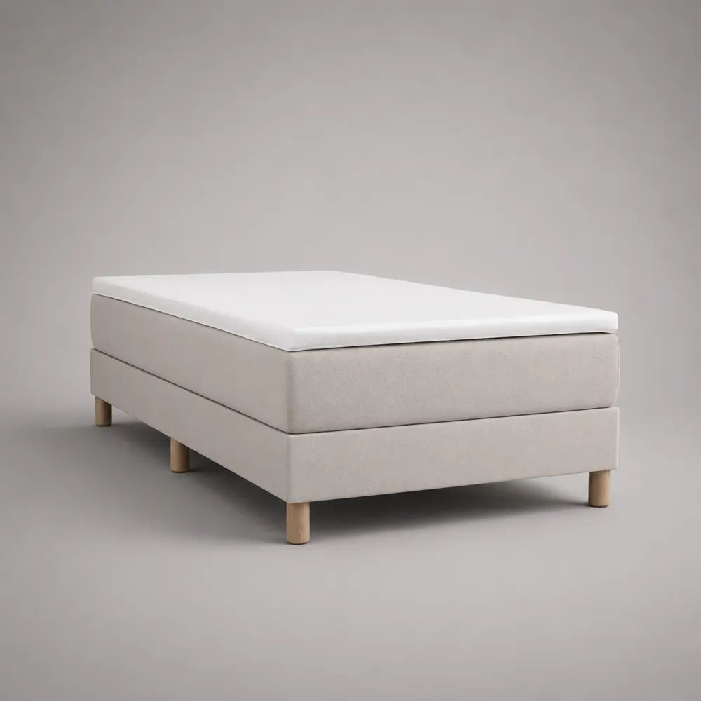 Letto boxspring matrimoniale alla francese beige e bianco 140 × 200 cm, dimensioni 148 × 208 × 60 cm, con materasso e topper