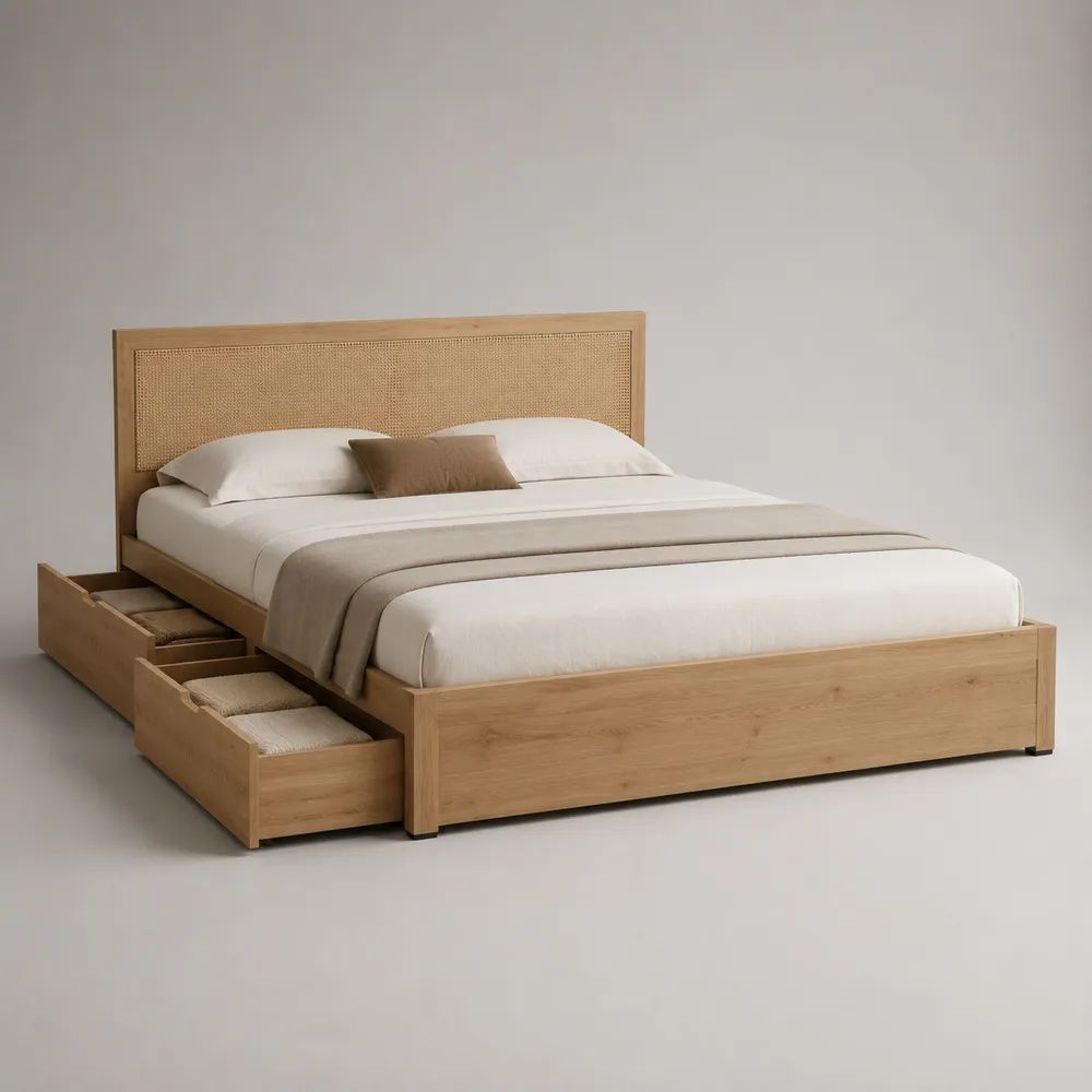 Letto matrimoniale 180 x 200 cm in legno massello e rattan, rovere naturale, con testiera intrecciata e 3 cassetti