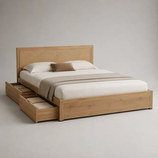 Letto matrimoniale 180 x 200 cm in legno massello e rattan, rovere naturale, con testiera intrecciata e 3 cassetti