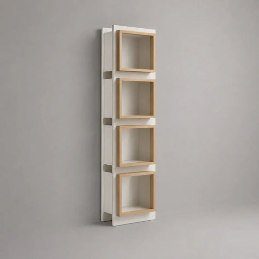 Libreria verticale da parete in legno con 4 vani, bianca e rovere naturale, 40 x 25 x 160 cm