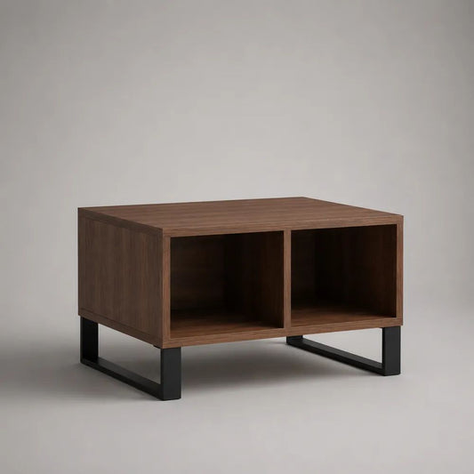 Tavolino da salotto quadrato con 2 vani aperti, marrone noce e nero, 70 x 70 x 45 cm, in MDF impiallacciato e acciaio