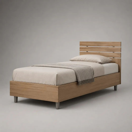 Letto singolo in pannello truciolare rovere naturale e grigio con testiera e rete a doghe, 98 × 208 × 100 cm, per materasso 90 × 200 cm