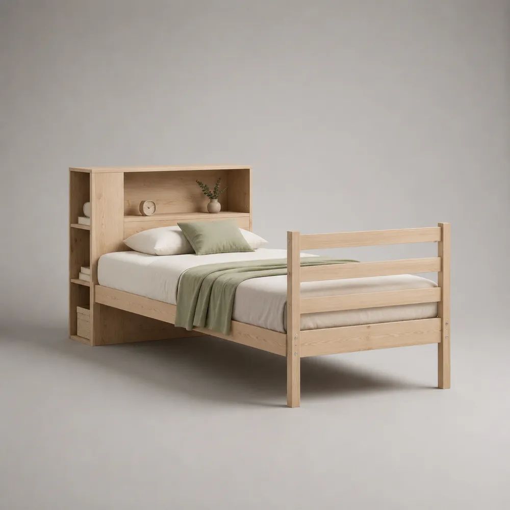 Letto singolo per bambini 90 x 200 cm in legno di pino massello beige naturale con testiera libreria, rete a doghe e sponda rialzata