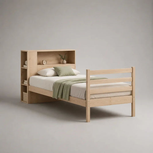 Letto singolo per bambini 90 x 200 cm in legno di pino massello beige naturale con testiera libreria, rete a doghe e sponda rialzata