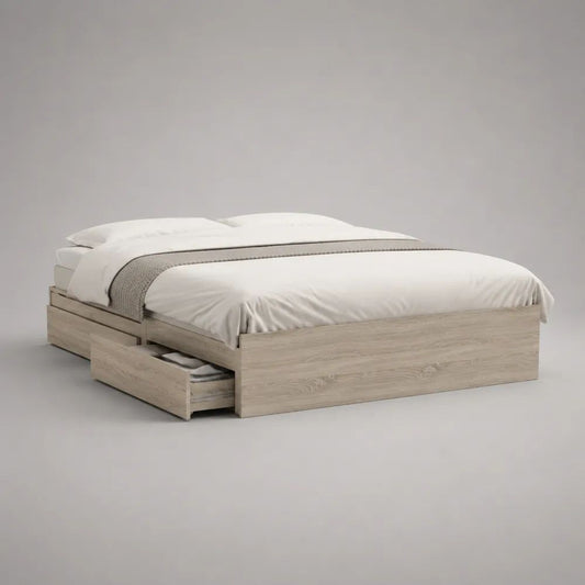 Letto matrimoniale con 2 cassetti in pannello truciolare melaminico, rovere chiaro, 206 x 166 x 45 cm, per materasso 160 x 200 cm