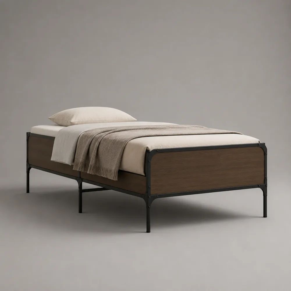 Letto singolo 90 × 200 cm in acciaio e MDF, marrone noce e nero