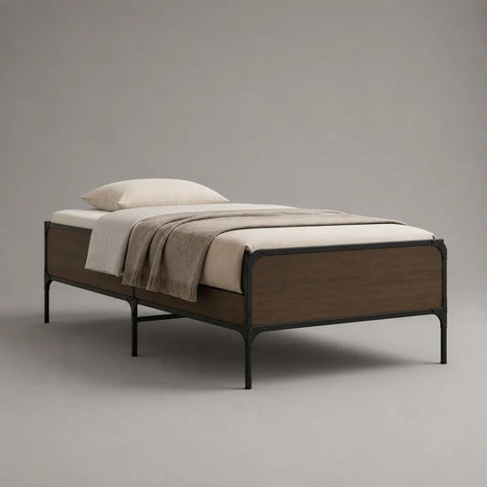 Letto singolo 90 × 200 cm in acciaio e MDF, marrone noce e nero