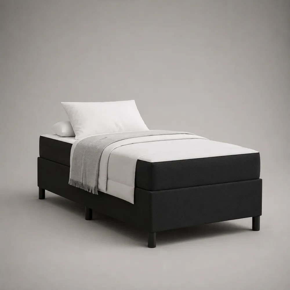 Letto singolo imbottito nero con base e materasso bianco 90 x 200 cm, rivestimento in poliestere