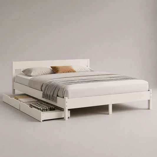 Letto matrimoniale 160 x 200 cm in pino massello bianco con 2 cassetti