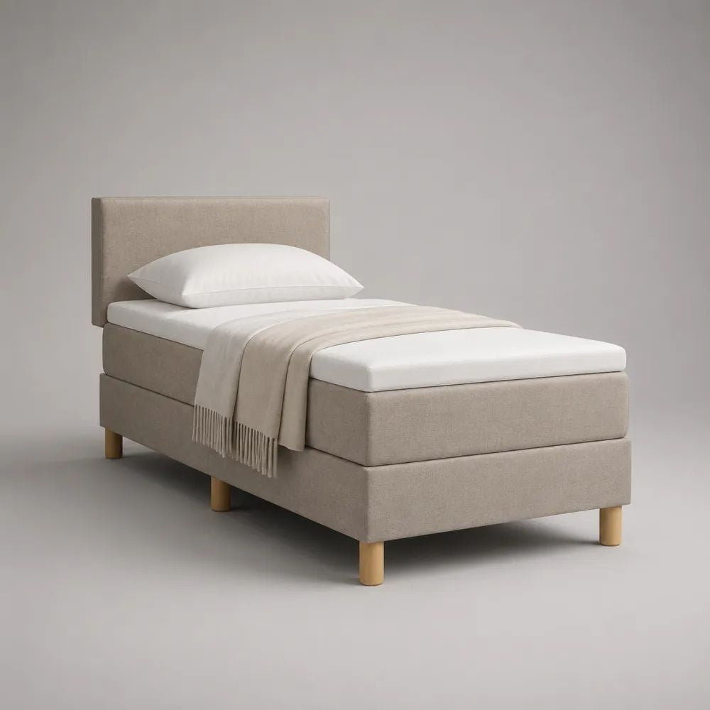 Letto singolo imbottito beige 95 x 213 x 110 cm con testiera e materasso 90 x 200 cm in schiuma poliuretanica