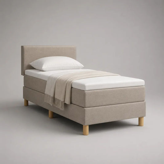 Letto singolo imbottito beige 95 x 213 x 110 cm con testiera e materasso 90 x 200 cm in schiuma poliuretanica