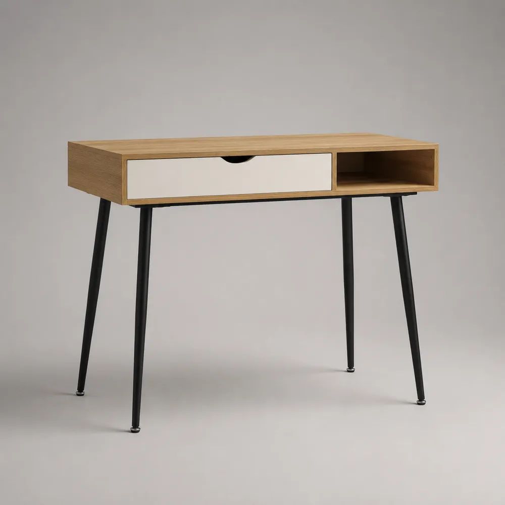 Scrivania rettangolare in MDF e acciaio con cassetto e vano aperto, rovere naturale, bianco e nero, 100 × 50 × 76 cm