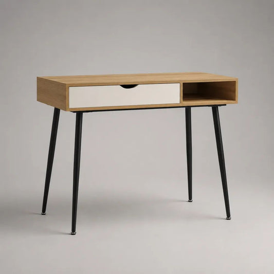 Scrivania rettangolare in MDF e acciaio con cassetto e vano aperto, rovere naturale, bianco e nero, 100 × 50 × 76 cm