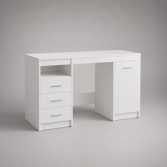 Scrivania rettangolare bianca in truciolare melaminico con 3 cassetti, vano aperto e armadietto, 120 x 50 x 75 cm