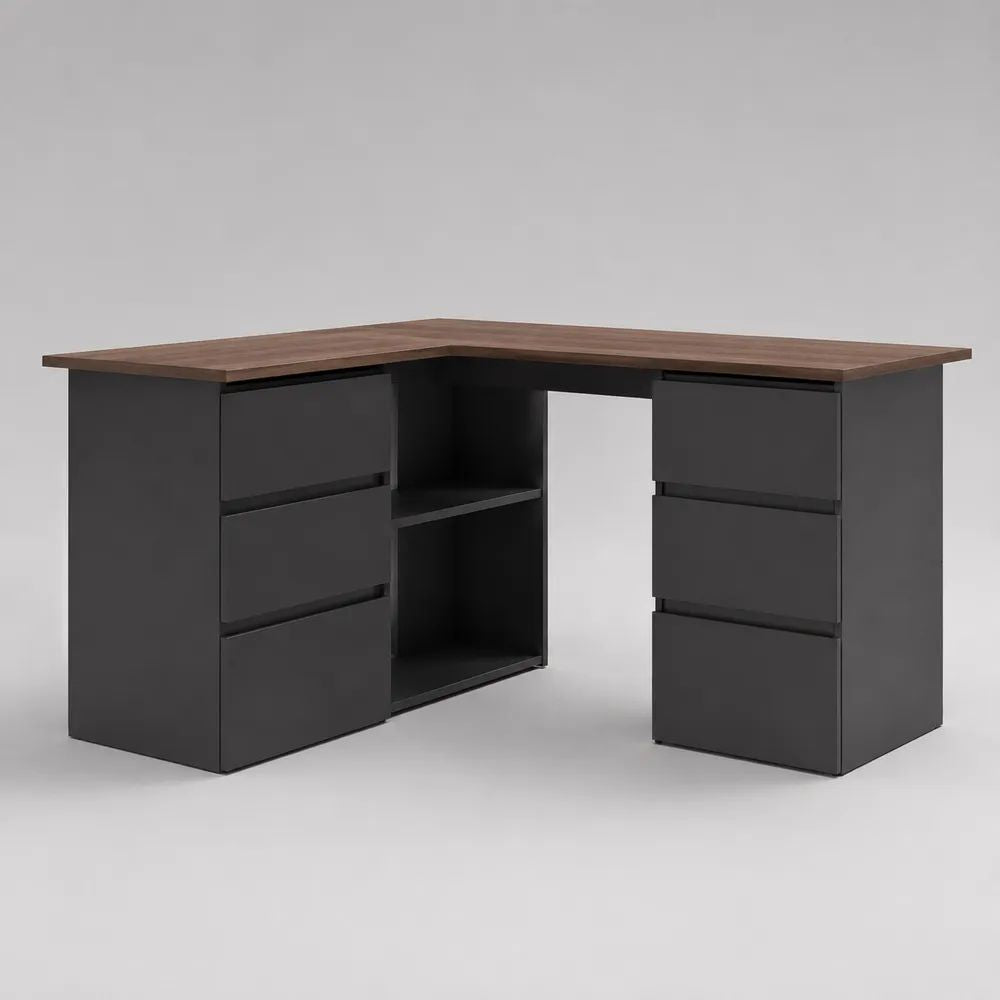 Scrivania angolare a L con 6 cassetti e 2 vani, nero e noce scuro, 145 x 145 x 76 cm