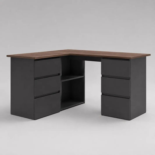 Scrivania angolare a L con 6 cassetti e 2 vani, nero e noce scuro, 145 x 145 x 76 cm